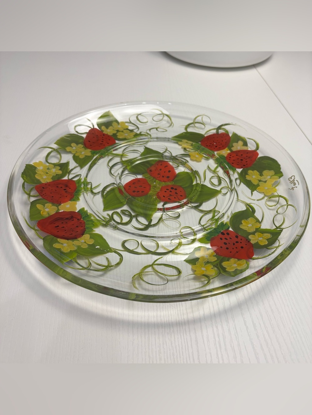 Vintage L. Elliott Signed Hand Painted Glass Cheese Dome Cloche Platter - Picture 4 of 10